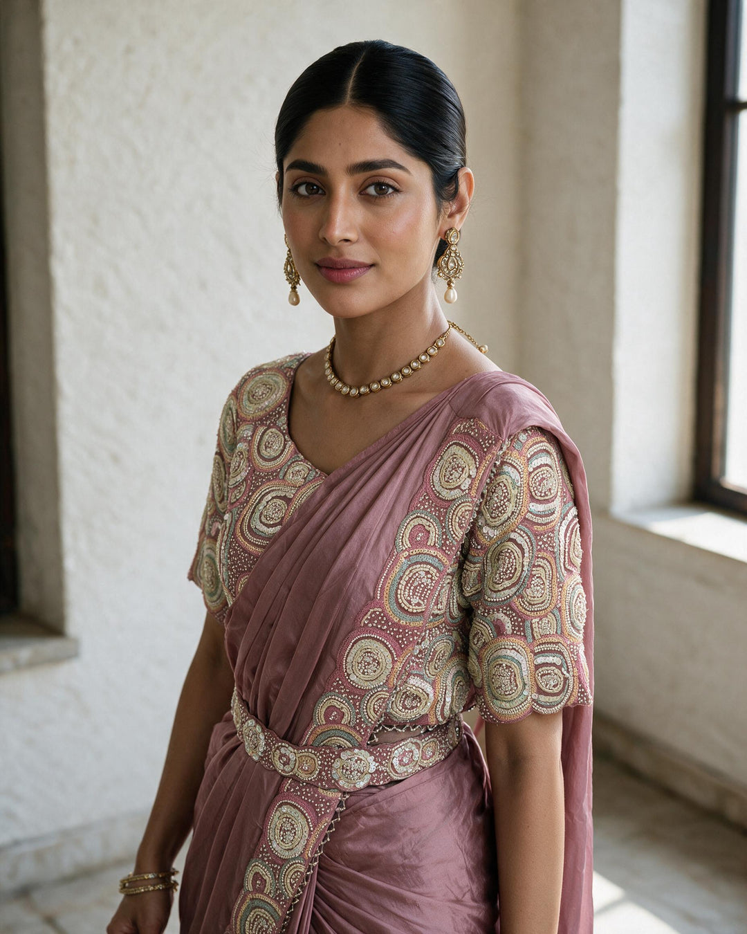 Dusty rose pink pre draped saree and blouse