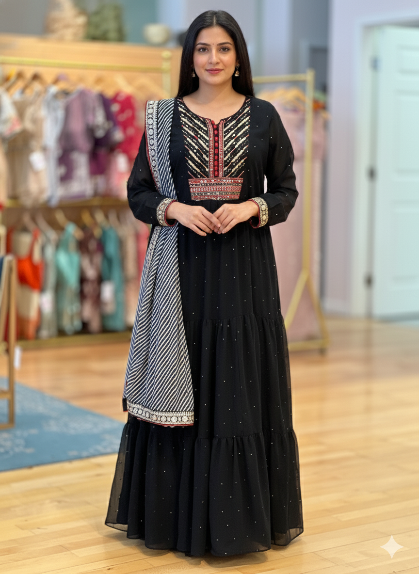 Black Layered Anarkali Gown With Dupatta Black Layered Anarkali Gown With Dupatta