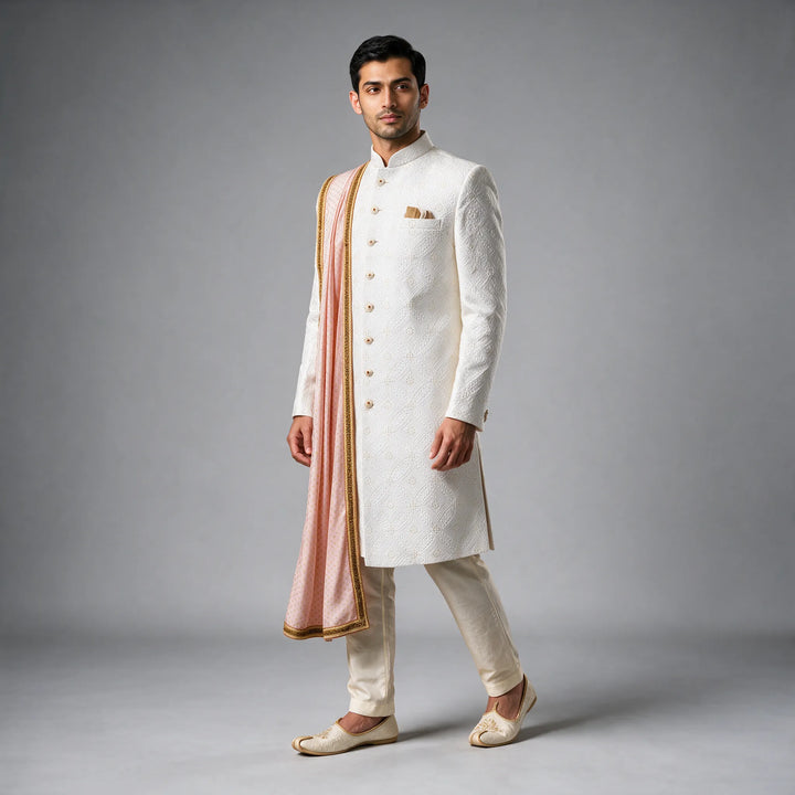 Pristine White Banarasi Jacquard Embroidered Sherwani Set