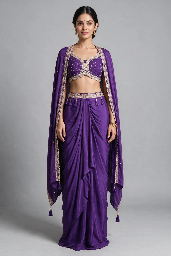 Purple Embellished Cape Fusion Draped Skirt Set