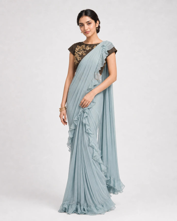 Dusty Ice blue and brown pre draped saree and blouse