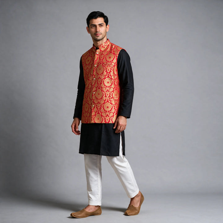 Red Banarasi Brocade Vest