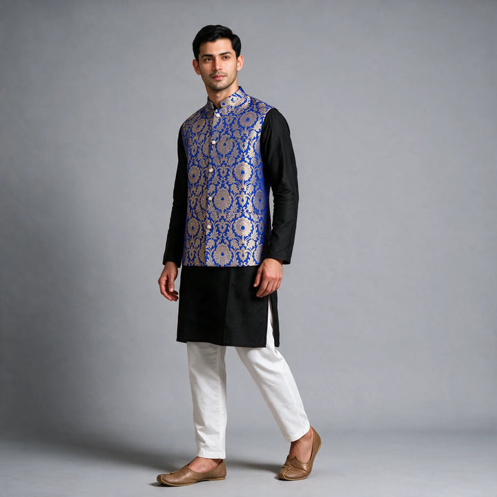 Royal Blue Banarasi Brocade Vest