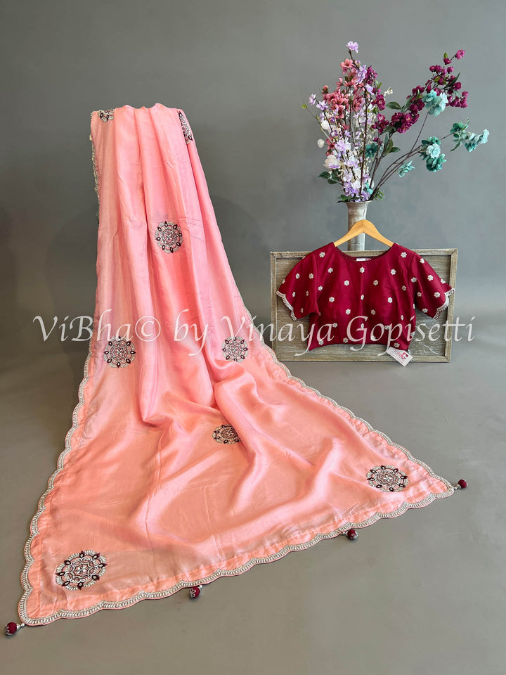 Peach And Deep Maroon Embroidered Silk Saree And Blouse