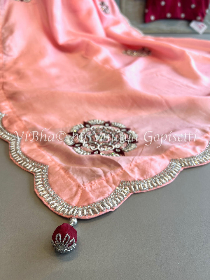 Peach And Deep Maroon Embroidered Silk Saree And Blouse