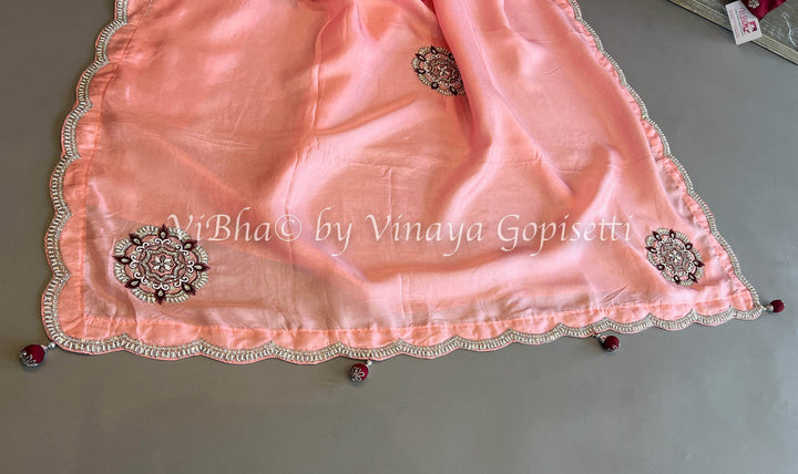 Peach And Deep Maroon Embroidered Silk Saree And Blouse