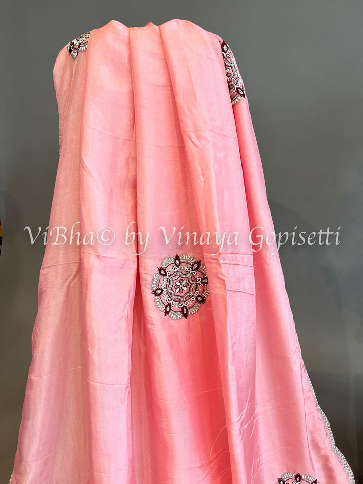 Peach And Deep Maroon Embroidered Silk Saree And Blouse