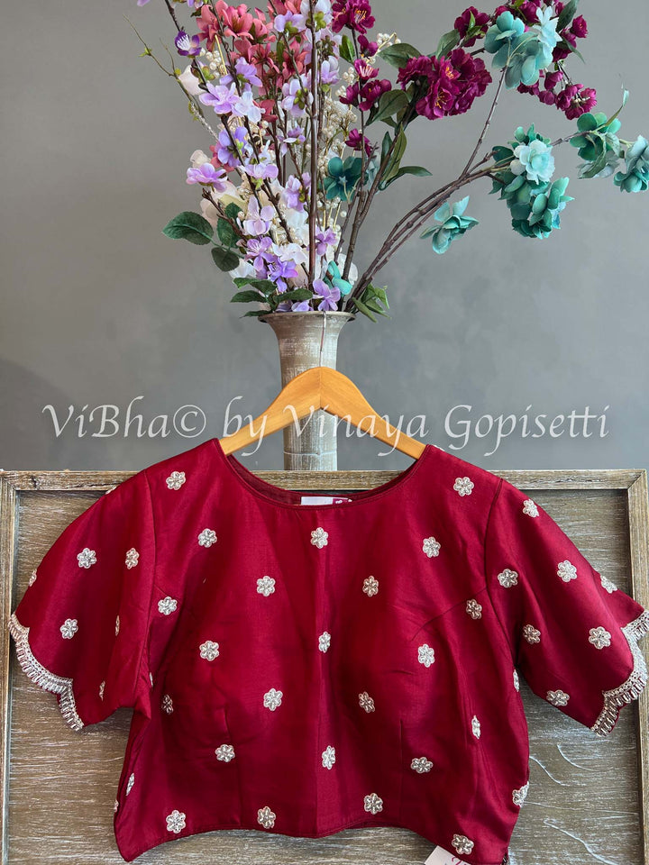 Peach And Deep Maroon Embroidered Silk Saree And Blouse