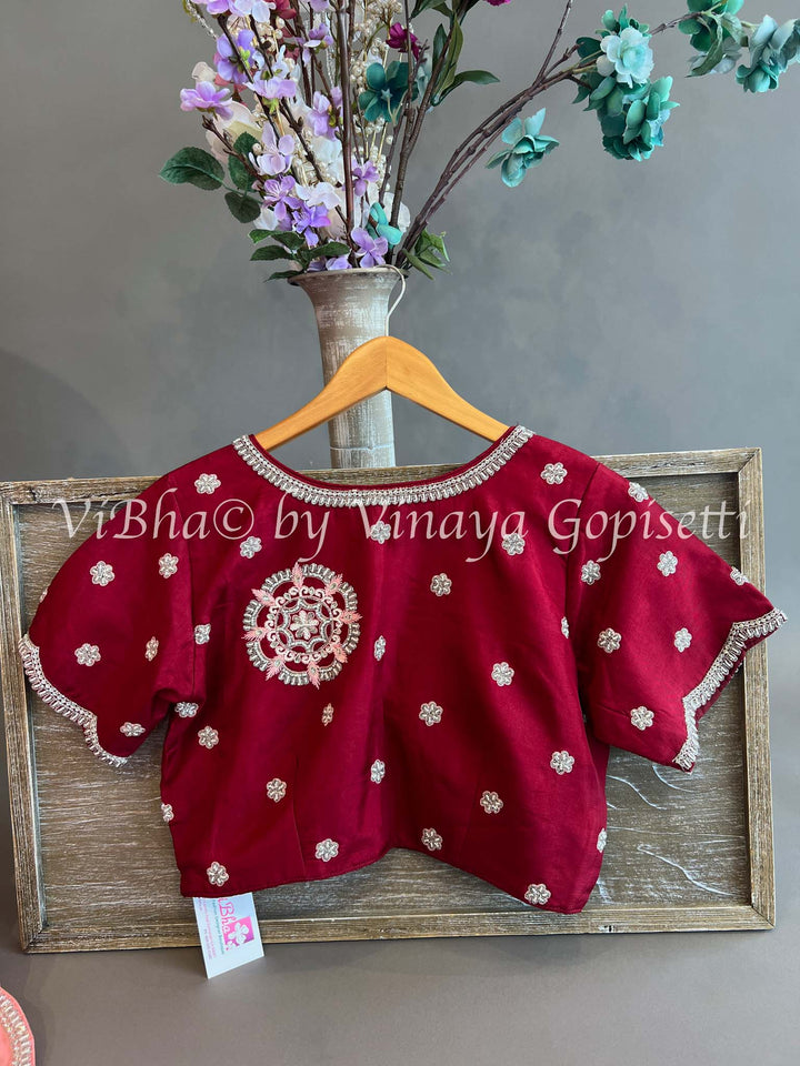Peach And Deep Maroon Embroidered Silk Saree And Blouse