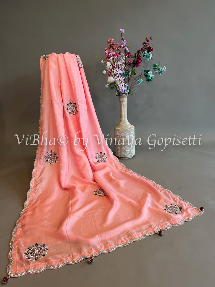 Peach And Deep Maroon Embroidered Silk Saree And Blouse