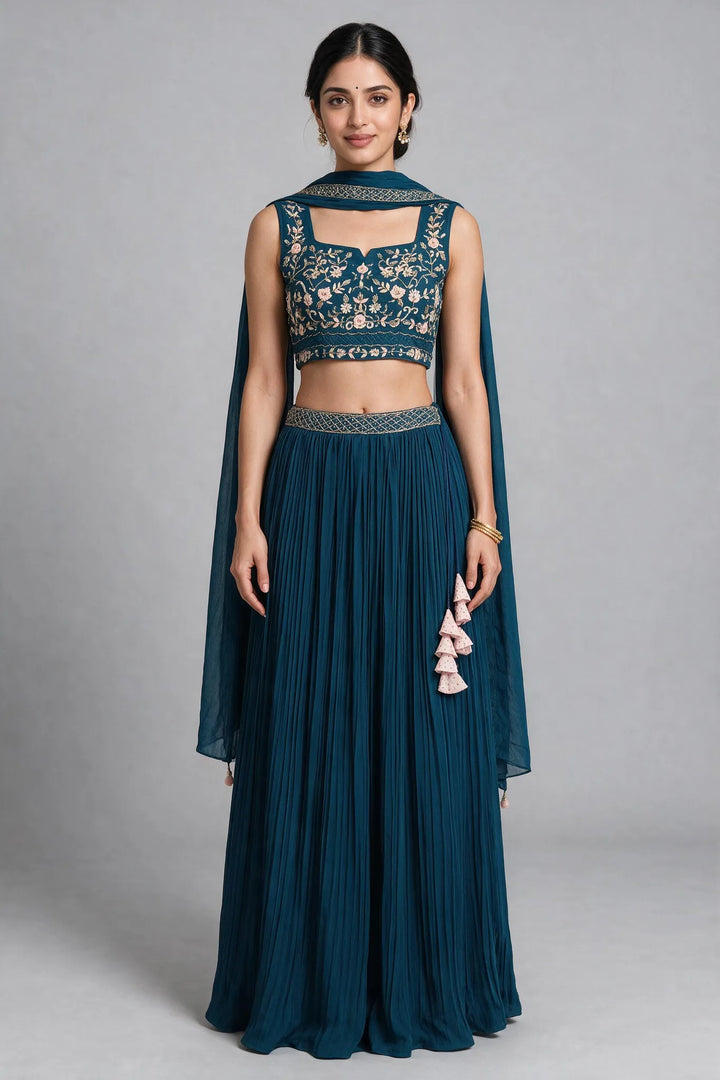 Peacock Blue Floral Embroidered Lehenga Set