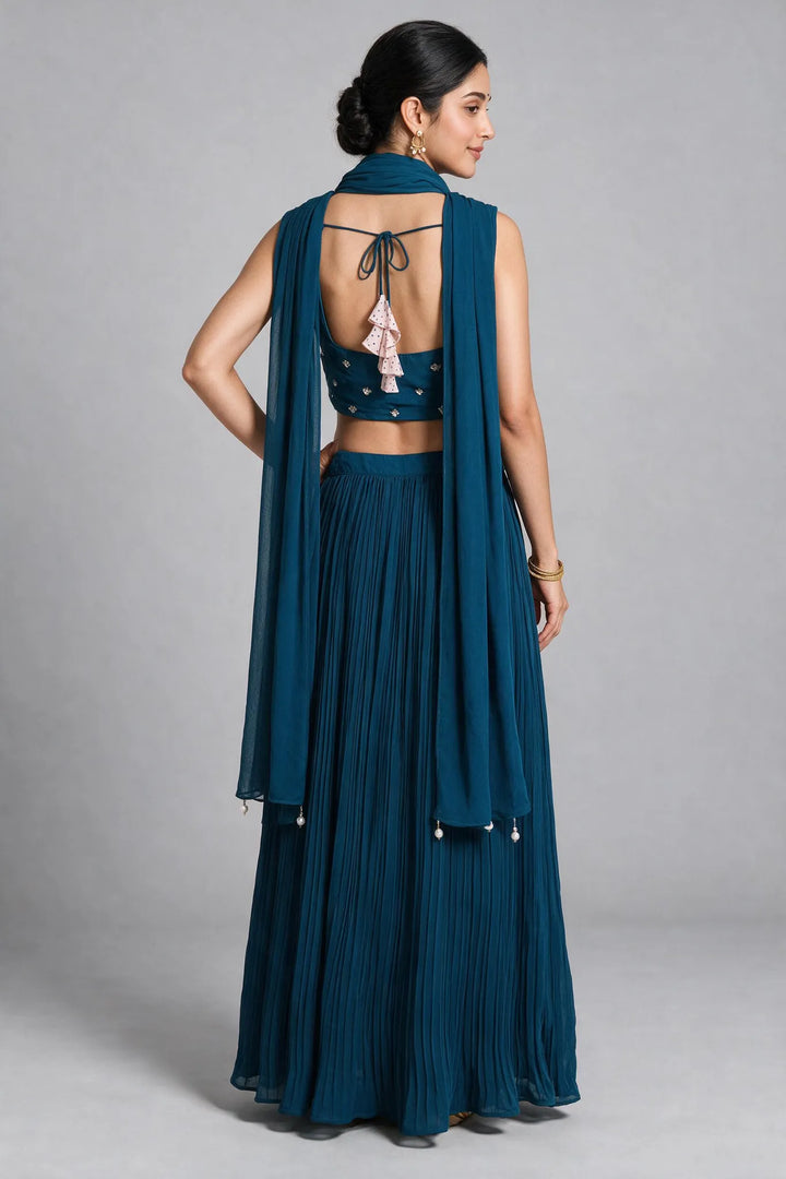 Peacock Blue Floral Embroidered Lehenga Set