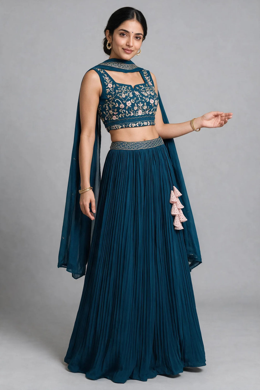 Peacock Blue Floral Embroidered Lehenga Set