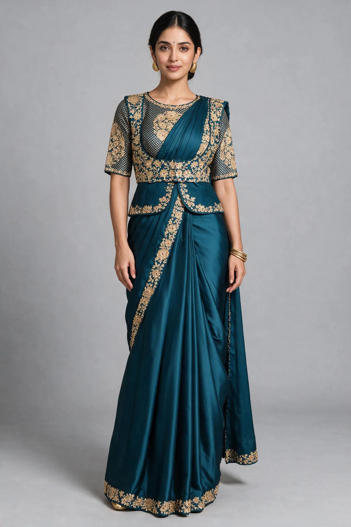 Peacock Blue Pre daraped saree and blouse with a Koti / vest