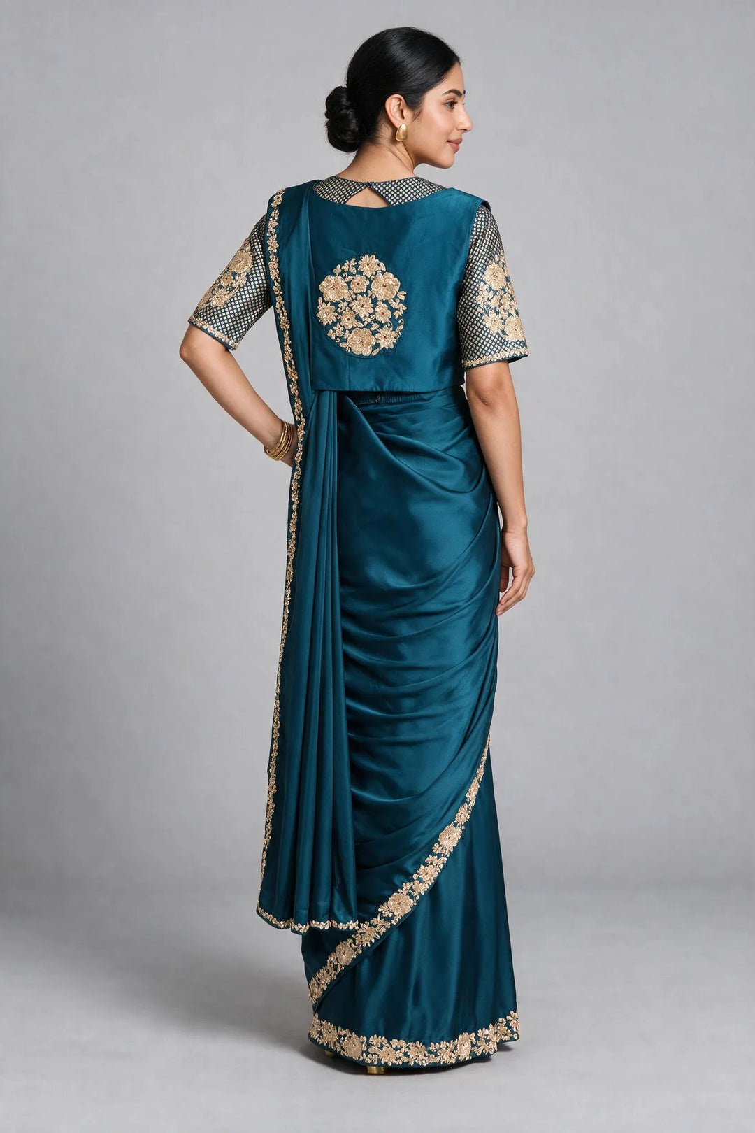 Peacock Blue Pre daraped saree and blouse with a Koti / vest