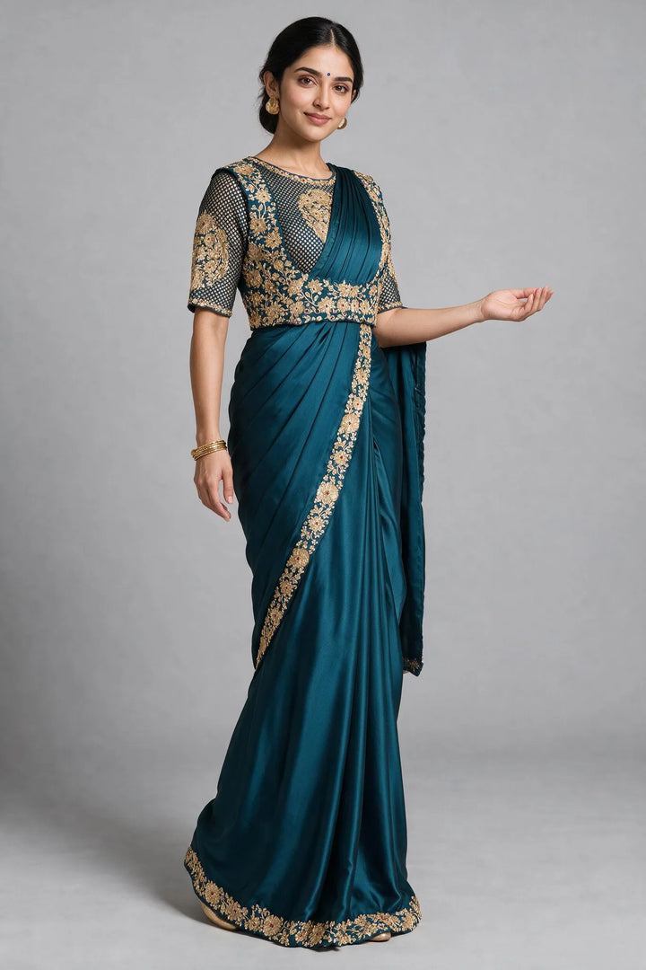 Peacock Blue Pre daraped saree and blouse with a Koti / vest