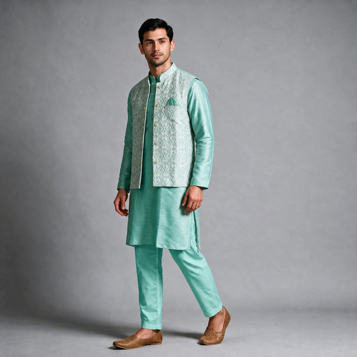 Turquoise Color Kurta And Bottom With Brocade Vest