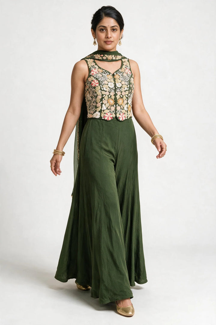 Olive Green Floral Embroidered Corset Top Sharara Set