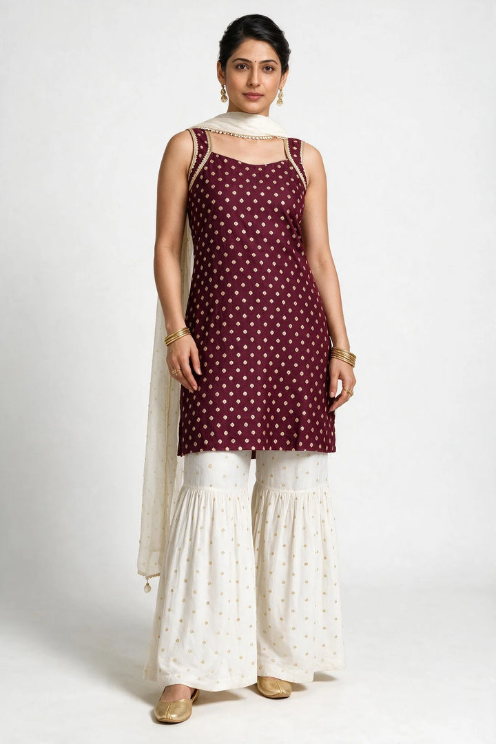 Wine &amp; Ivory Embroidered Sharara Set