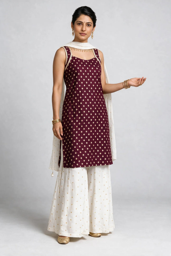 Wine &amp; Ivory Embroidered Sharara Set