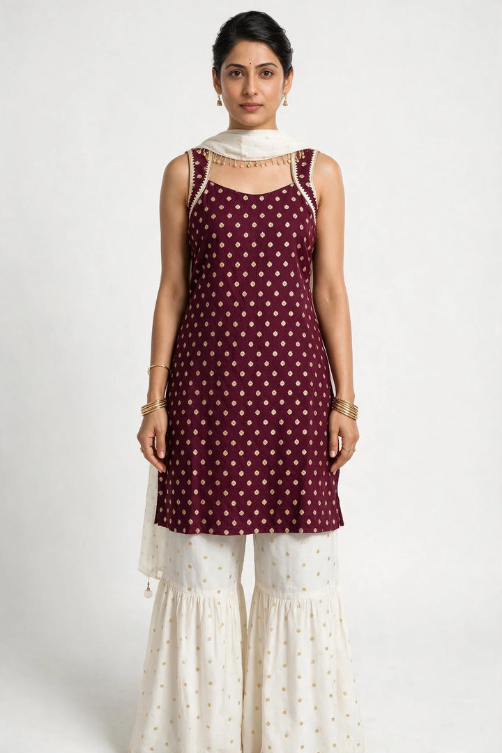 Wine &amp; Ivory Embroidered Sharara Set