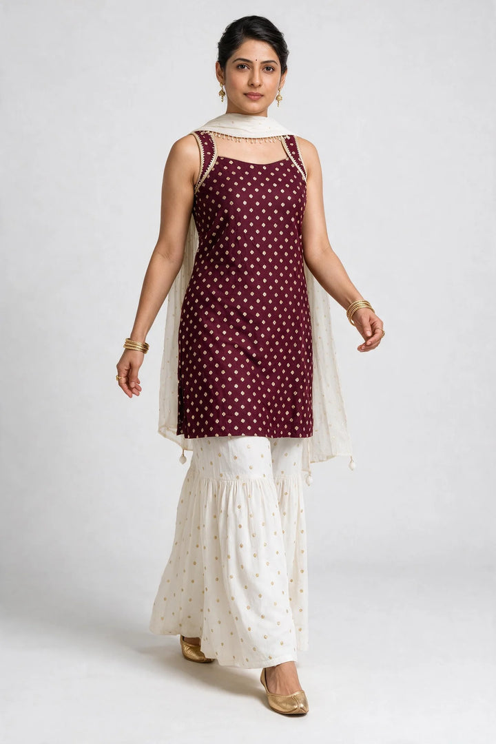Wine &amp; Ivory Embroidered Sharara Set