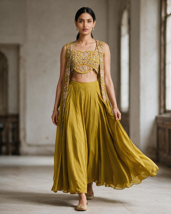 Mustard Yellow Embroidered Sharara Set with a Cape