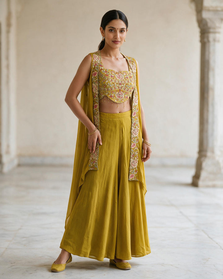 Mustard Yellow Embroidered Sharara Set with a Cape
