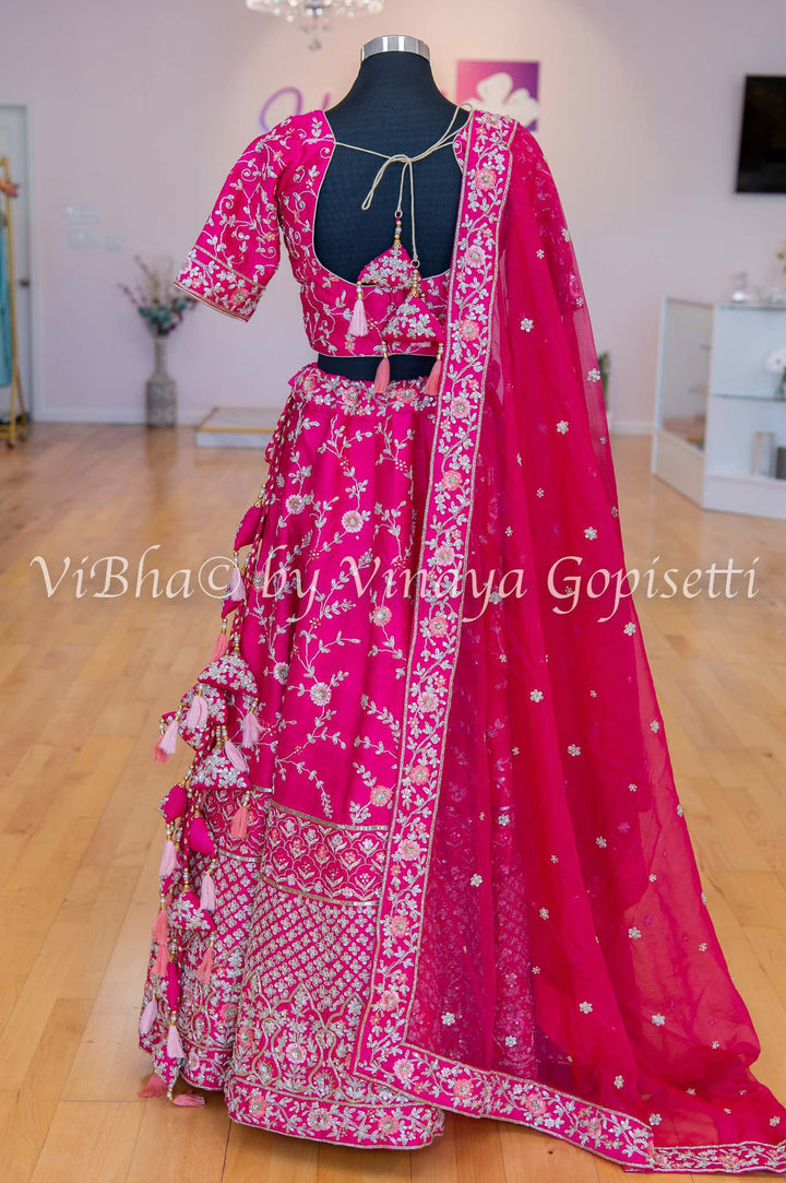 Accessories & Jewelry - Dark Pink Raw Silk Lehenga Blouse With Heavy Resham And Zari Embroidery And Net Dupatta