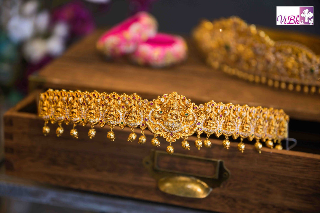Belts - Antique Lakshmi Motif Gold Beaded Waistbelt With Precious Stones