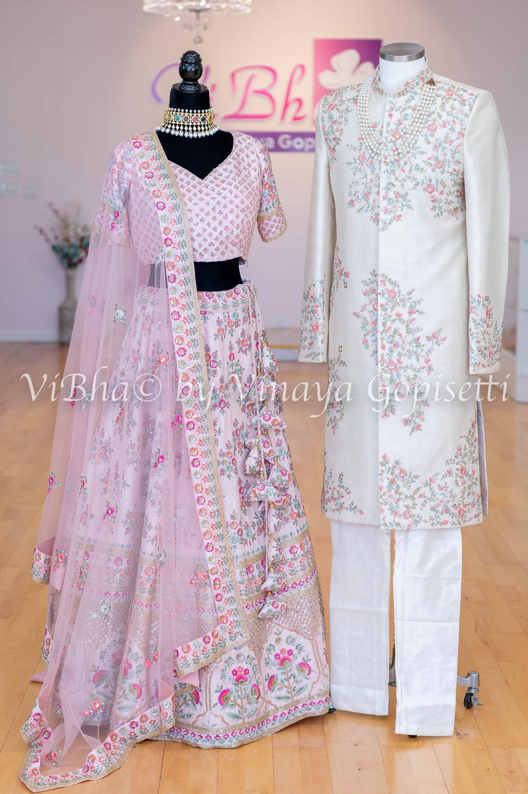 Bridal - Hand Embroidered Light Pink Lehenga And Ceramic Pearl Sherwani Set.