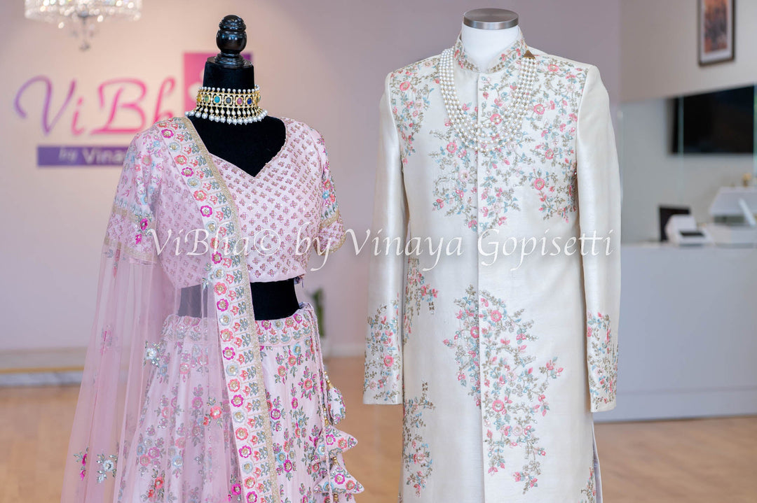 Bridal - Hand Embroidered Light Pink Lehenga And Ceramic Pearl Sherwani Set.