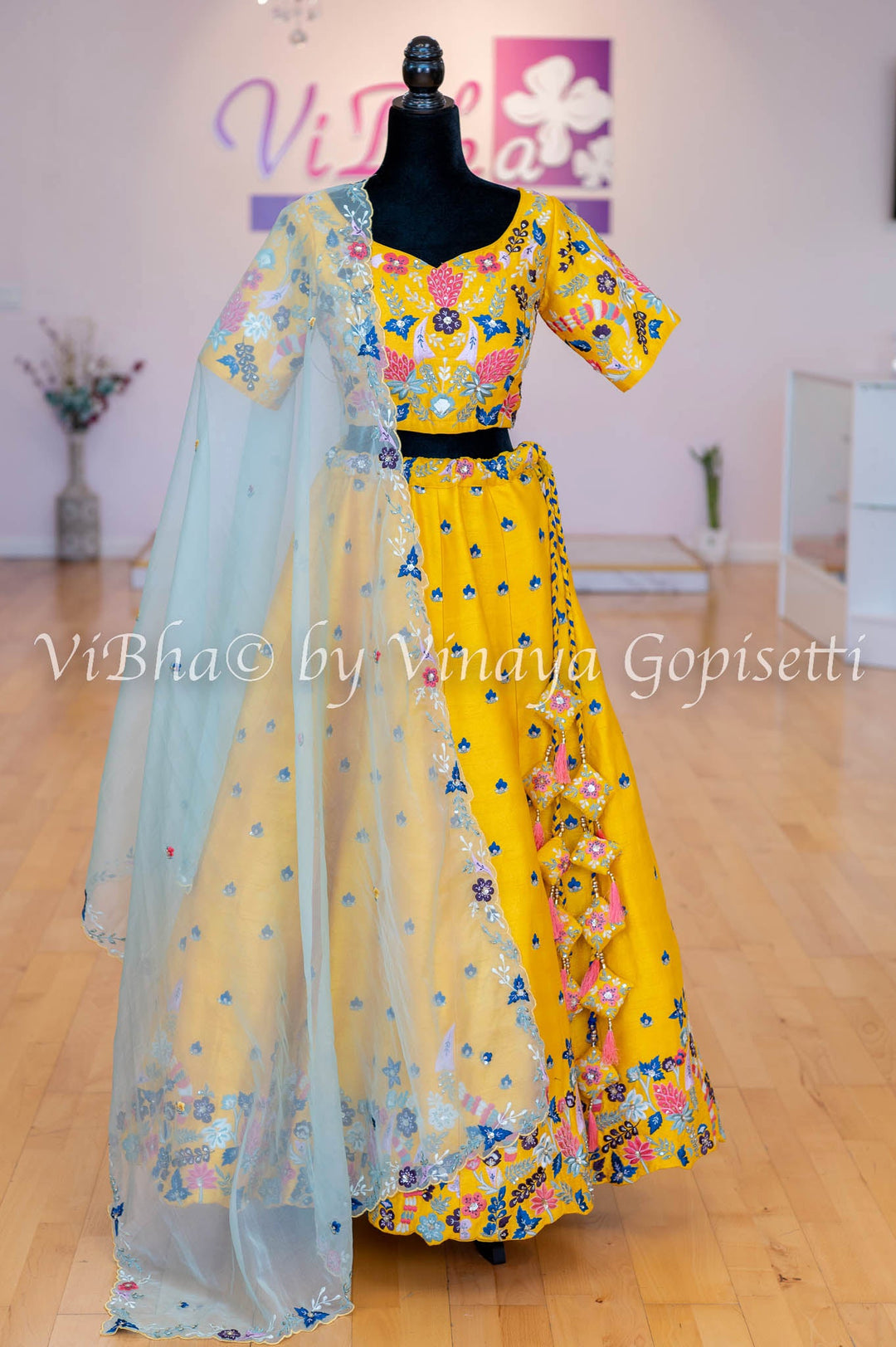 Bridal Lehengas - Sunflower Yellow Multicolor Floral Embroidered Lehenga Set
