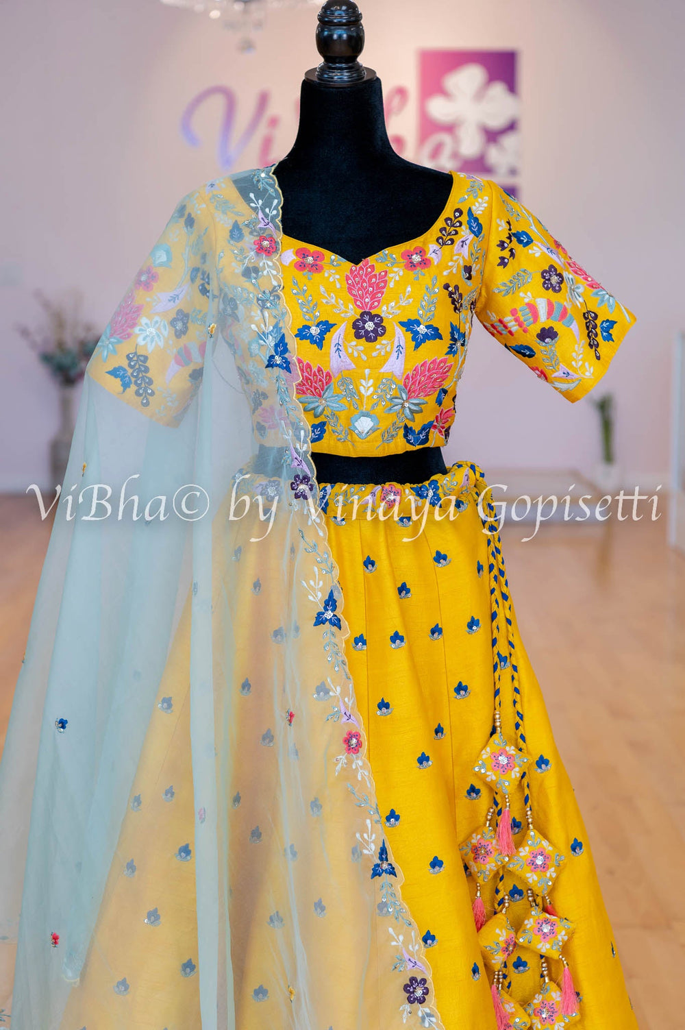 Bridal Lehengas - Sunflower Yellow Multicolor Floral Embroidered Lehenga Set