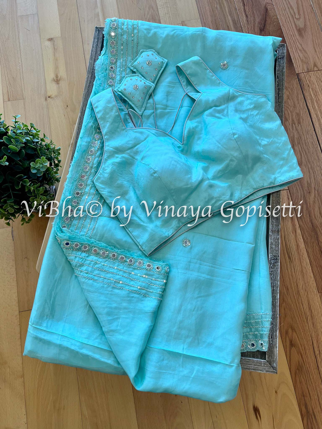 Designer Sarees - Shinori Silk- Aqua Mirror Work