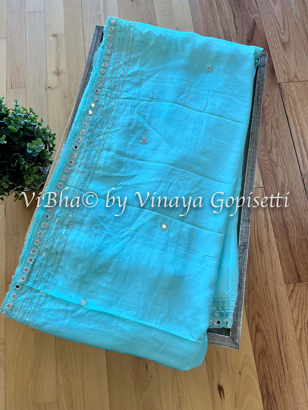 Designer Sarees - Shinori Silk- Aqua Mirror Work