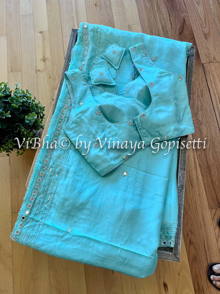 Designer Sarees - Shinori Silk- Aqua Mirror Work