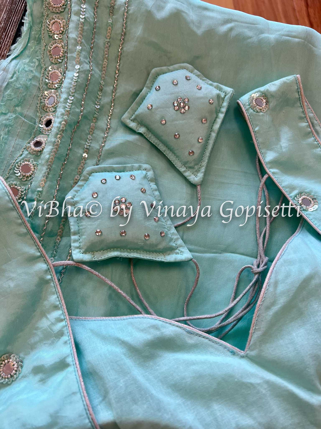 Designer Sarees - Shinori Silk- Aqua Mirror Work