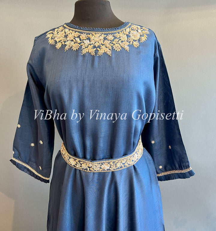 Designer Suits - Ink Blue Floor Length Embroidered Gown With Floral Dupatta And Waist Belt