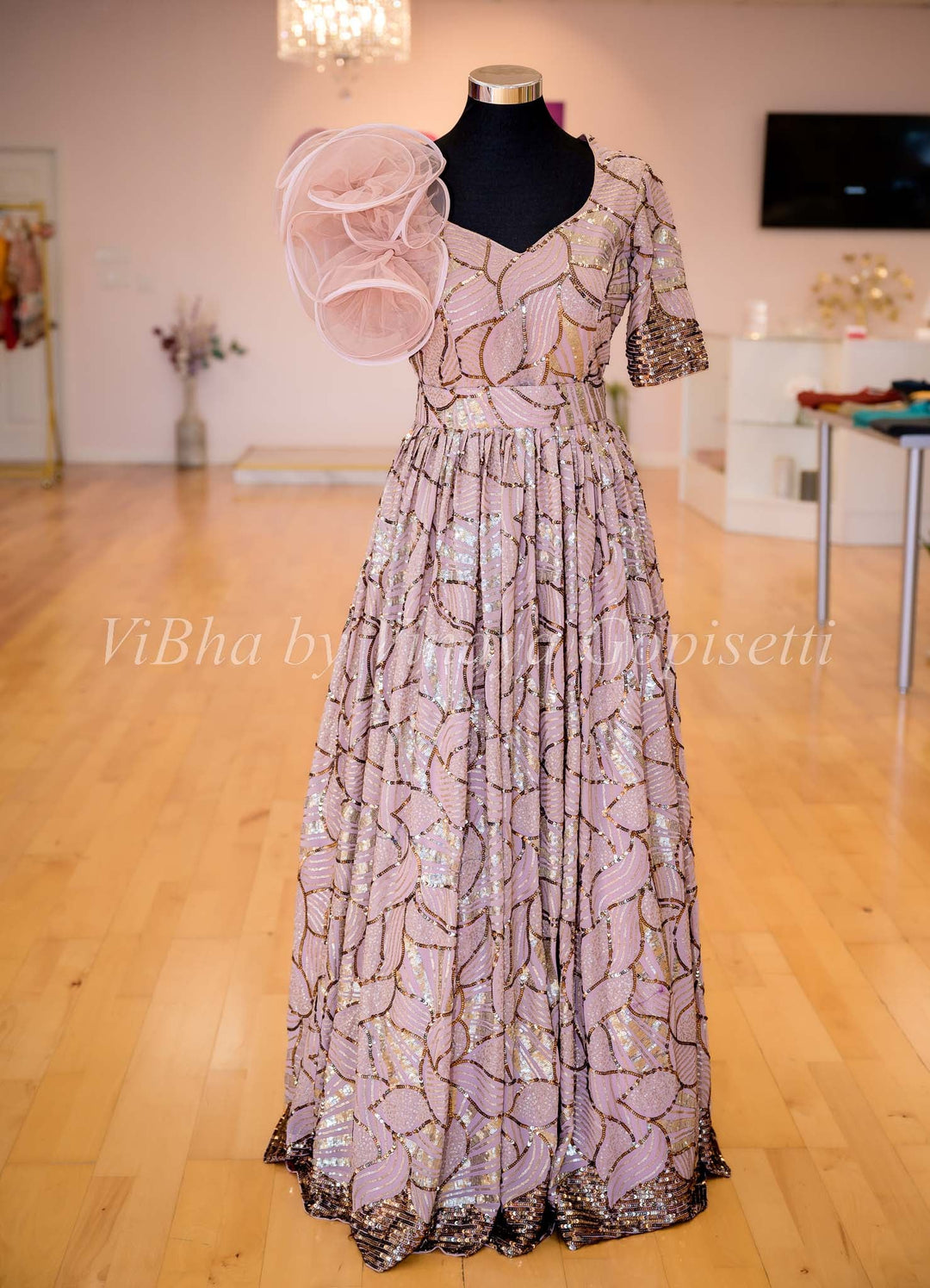 Rosy Beige Sequins Embellished Gown With Waist Belt| ViBha