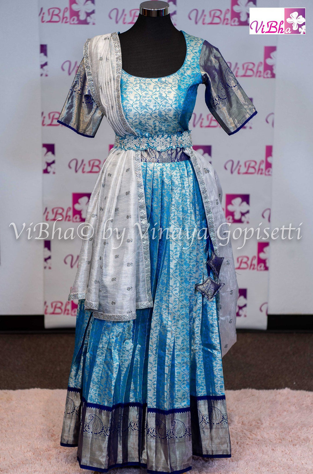 Sky Blue Navy Blue Bridal Kanchi Pattu Lehenga Online – ViBha