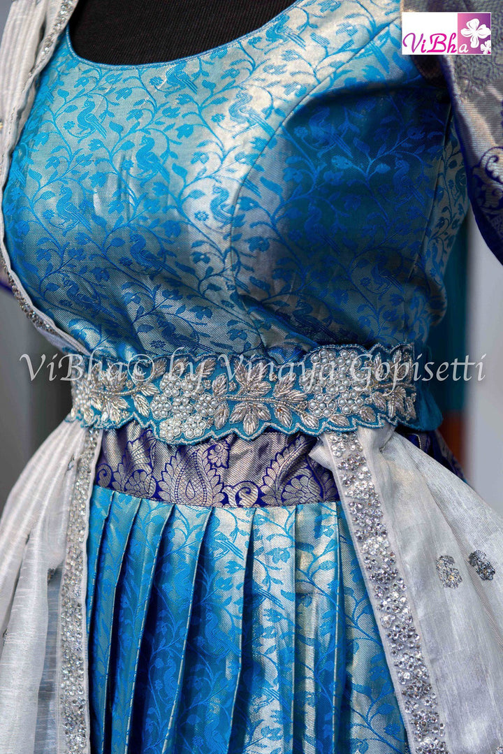 KANCHI PATTU LEHENGA - Sky Blue And Navy Blue Bridal Kanchi Pattu Lehnenga