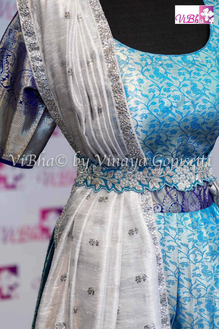 KANCHI PATTU LEHENGA - Sky Blue And Navy Blue Bridal Kanchi Pattu Lehnenga