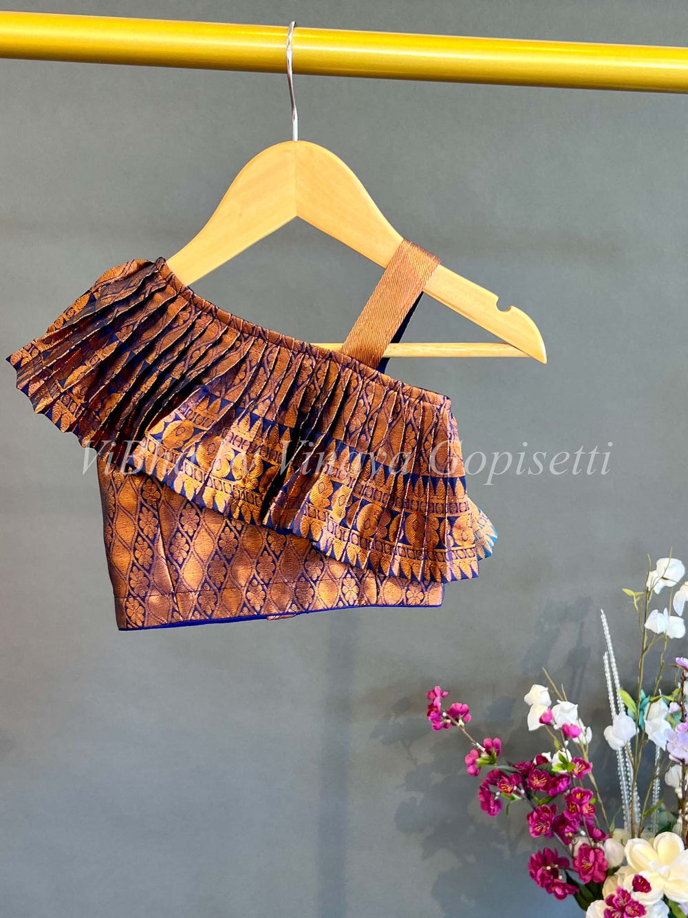 Kids Wear - Navy Blue Copper Zari Kanchi Silk Skirt And Top