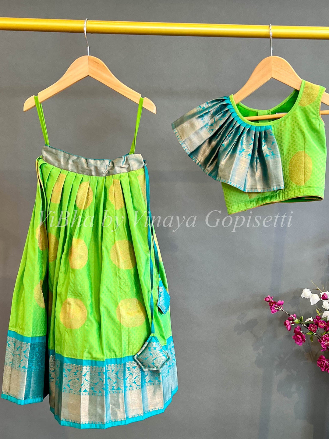Kids Wear - Parrot Green And Teal Blue Kanchi Silk Skirt And Top