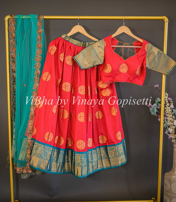 Lehengas - Chilli Red And Teal Blue Kanchi Silk Half Saree