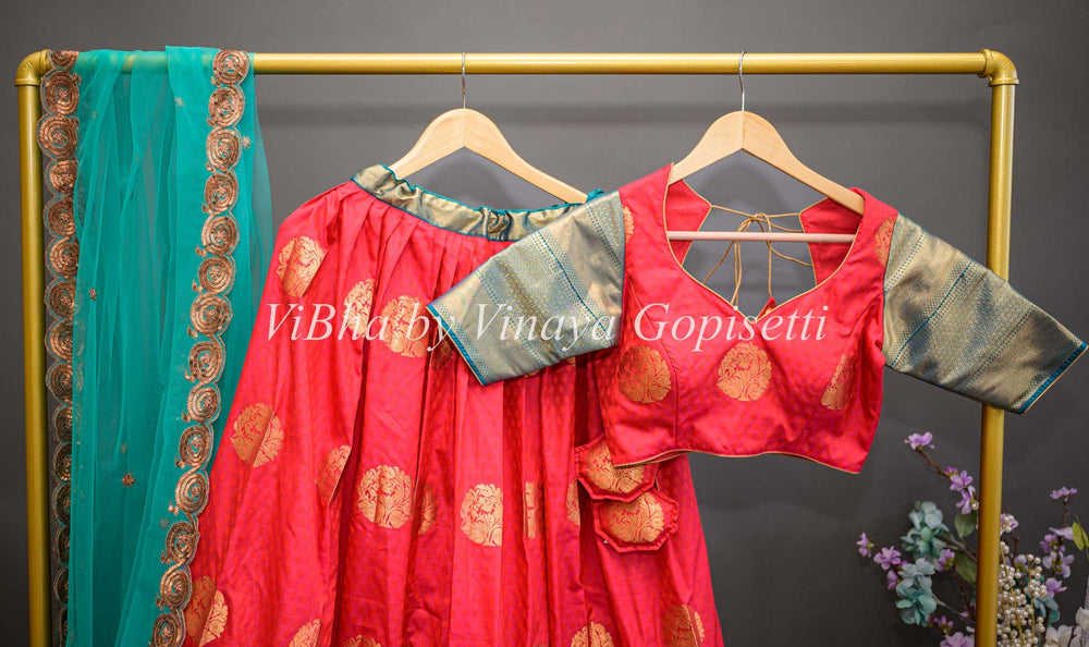 Lehengas - Chilli Red And Teal Blue Kanchi Silk Half Saree