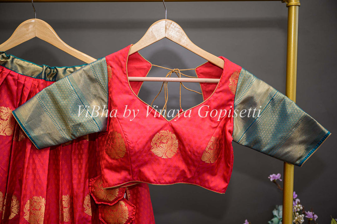 Lehengas - Chilli Red And Teal Blue Kanchi Silk Half Saree
