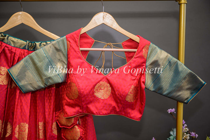 Lehengas - Chilli Red And Teal Blue Kanchi Silk Half Saree