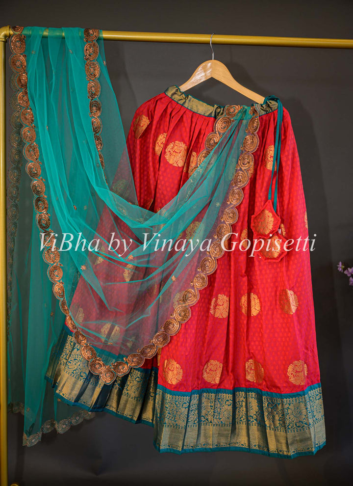 Lehengas - Chilli Red And Teal Blue Kanchi Silk Half Saree